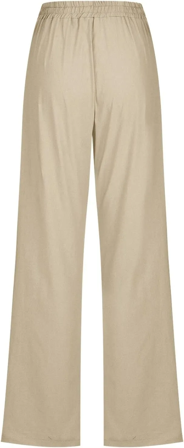 Cotton Linen Pants for Women Casual High Waist Drawstring Loose Straight Wide Leg Lounge Baggy Trousers with Pockets