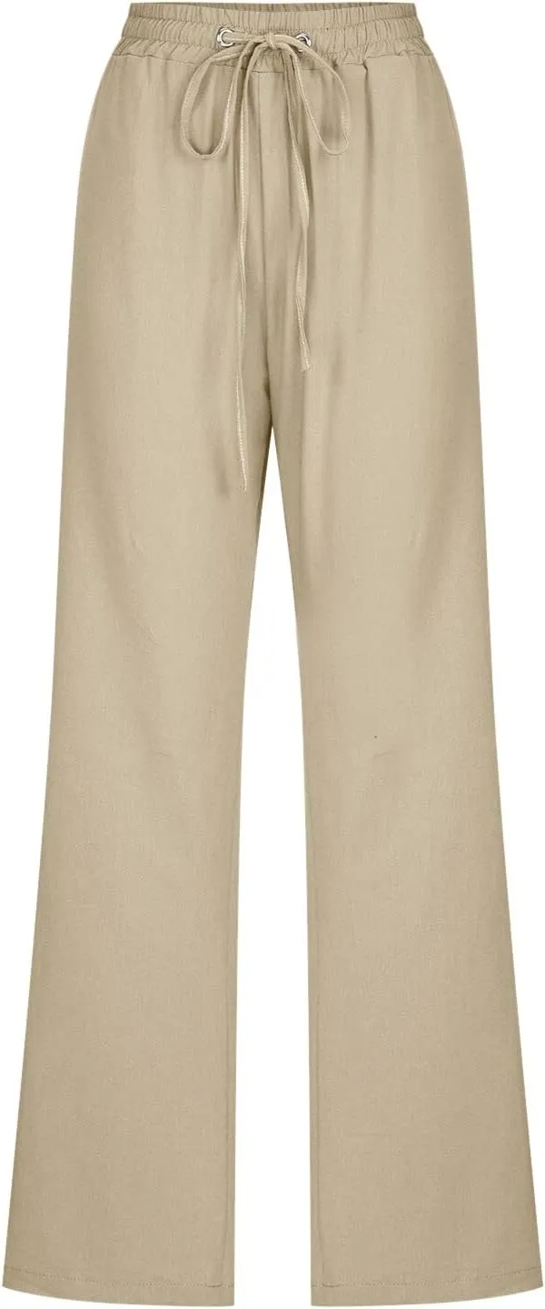 Cotton Linen Pants for Women Casual High Waist Drawstring Loose Straight Wide Leg Lounge Baggy Trousers with Pockets