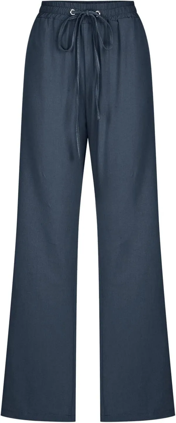Cotton Linen Pants for Women Casual High Waist Drawstring Loose Straight Wide Leg Lounge Baggy Trousers with Pockets