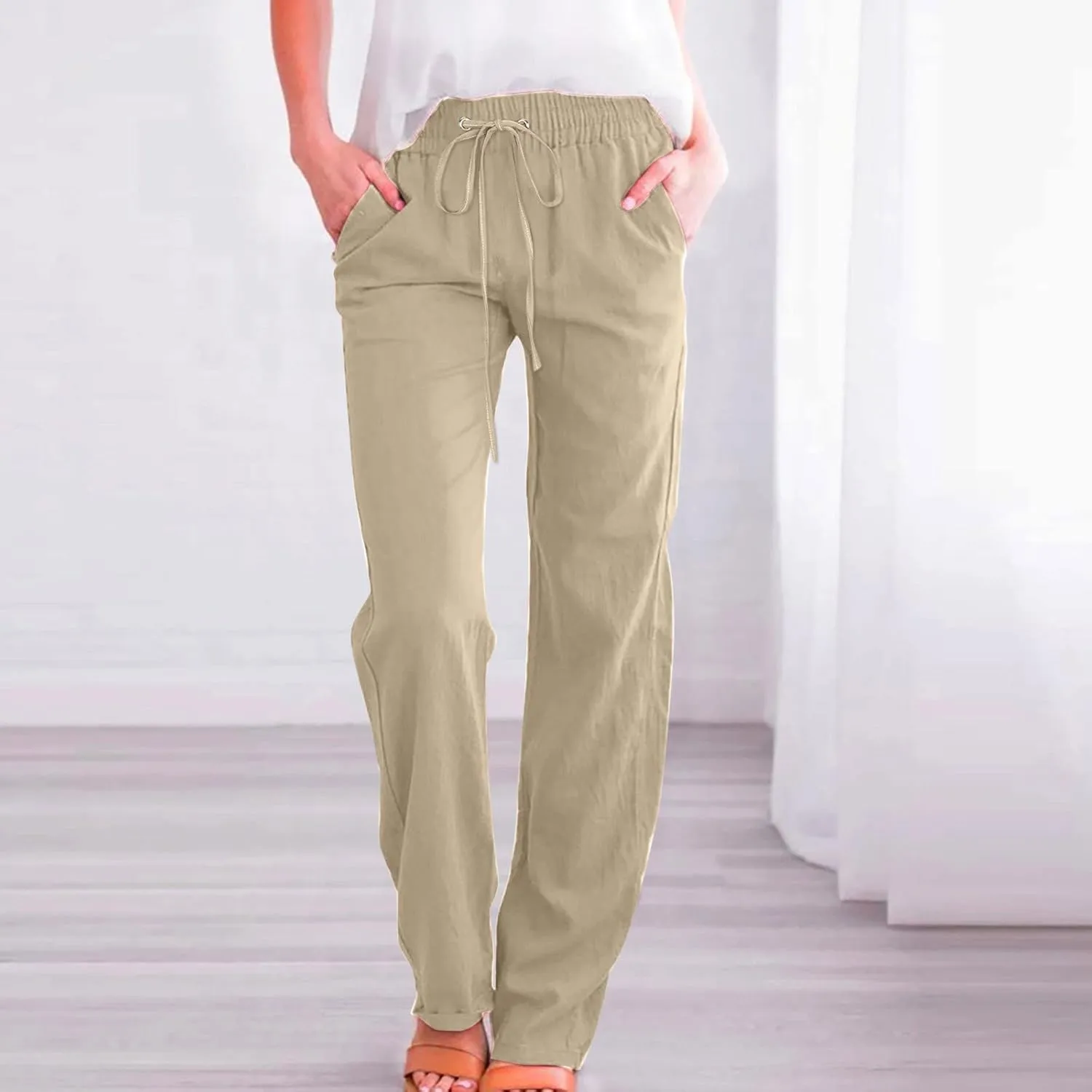 Cotton Linen Pants for Women Casual High Waist Drawstring Loose Straight Wide Leg Lounge Baggy Trousers with Pockets