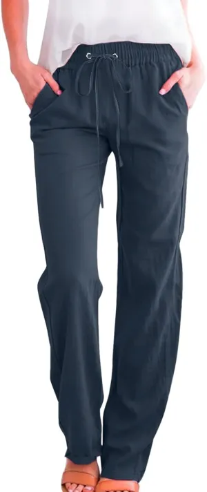 Cotton Linen Pants for Women Casual High Waist Drawstring Loose Straight Wide Leg Lounge Baggy Trousers with Pockets