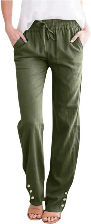 Cotton Linen Pants for Women Casual Loose Lightweight Beach Trousers Wide Leg Cropped Lounge Trousers with Pockets