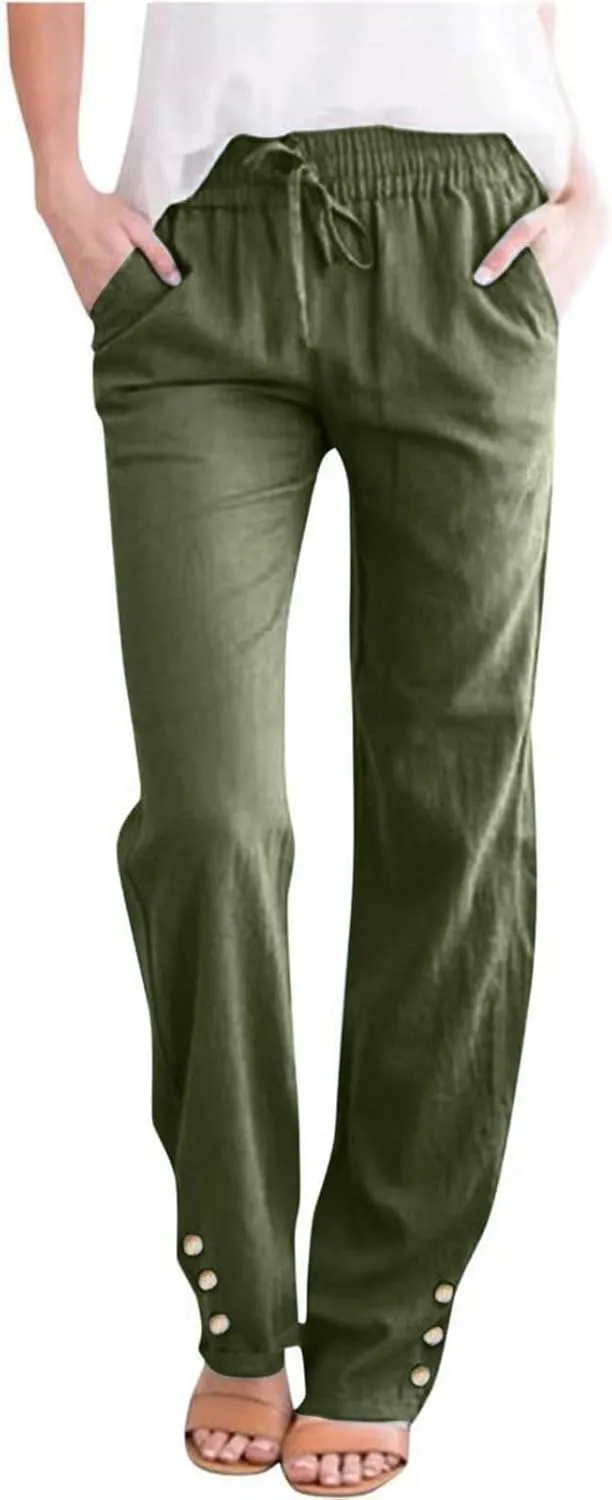 Cotton Linen Pants for Women Casual Loose Lightweight Beach Trousers Wide Leg Cropped Lounge Trousers with Pockets