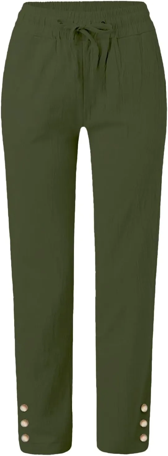 Cotton Linen Pants for Women Casual Loose Lightweight Beach Trousers Wide Leg Cropped Lounge Trousers with Pockets