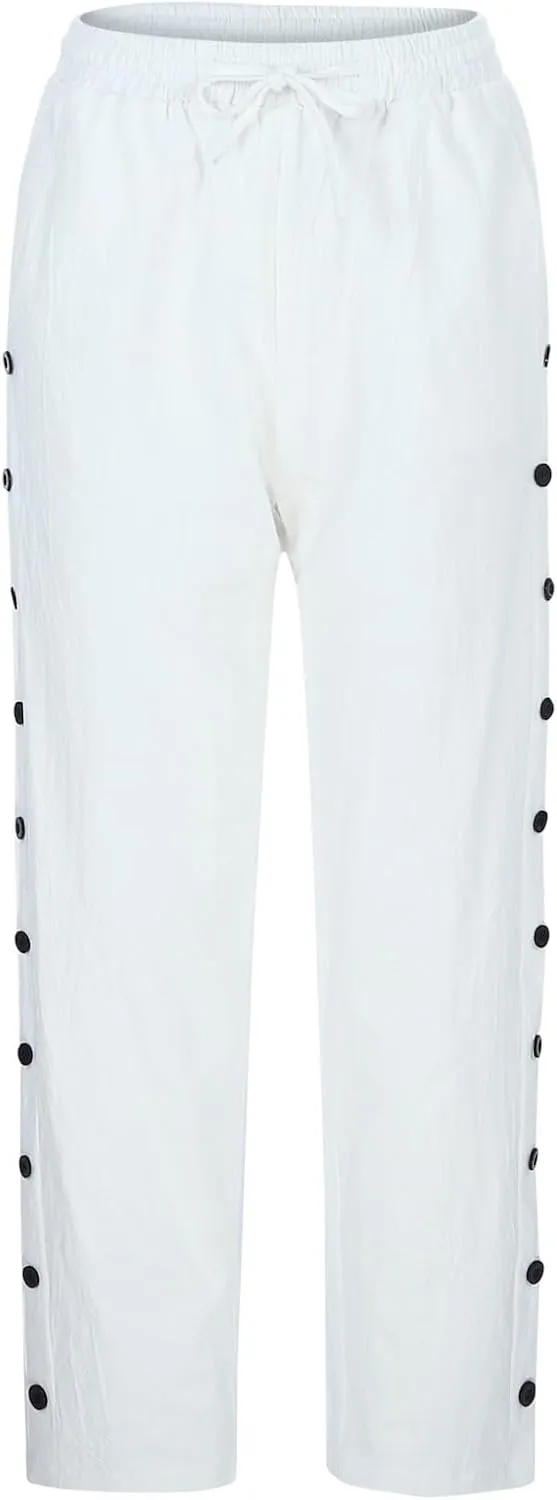 Cotton Linen Pants for Women Summer Wide Leg Elastic Straight Leg Lounge Pant Drawstring Lightweight Beach Trousers