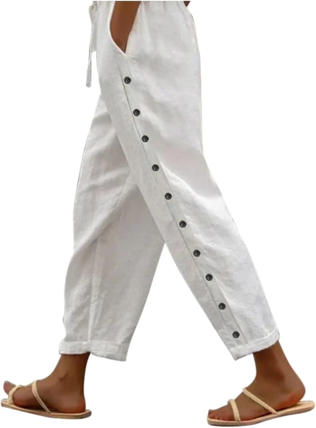 Cotton Linen Pants for Women Summer Wide Leg Elastic Straight Leg Lounge Pant Drawstring Lightweight Beach Trousers