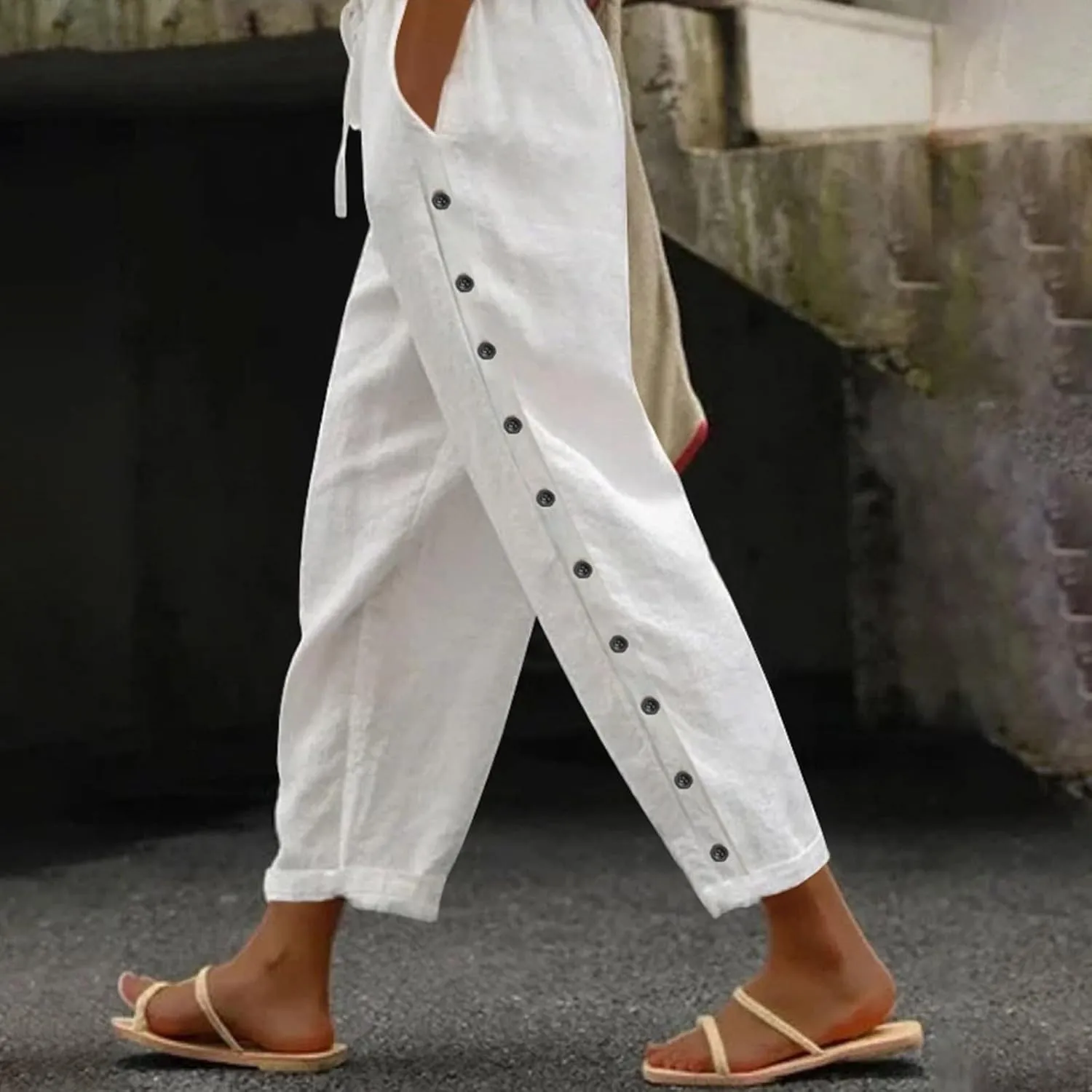 Cotton Linen Pants for Women Summer Wide Leg Elastic Straight Leg Lounge Pant Drawstring Lightweight Beach Trousers