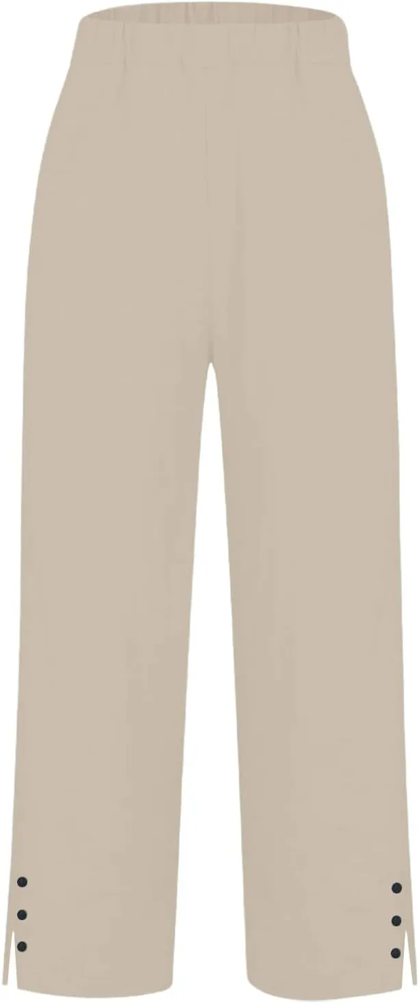 Cotton Linen Pants Women Elastic High Waist Straight Leg Lounge Pants Casual Slacks Summer Trouser with Pockets