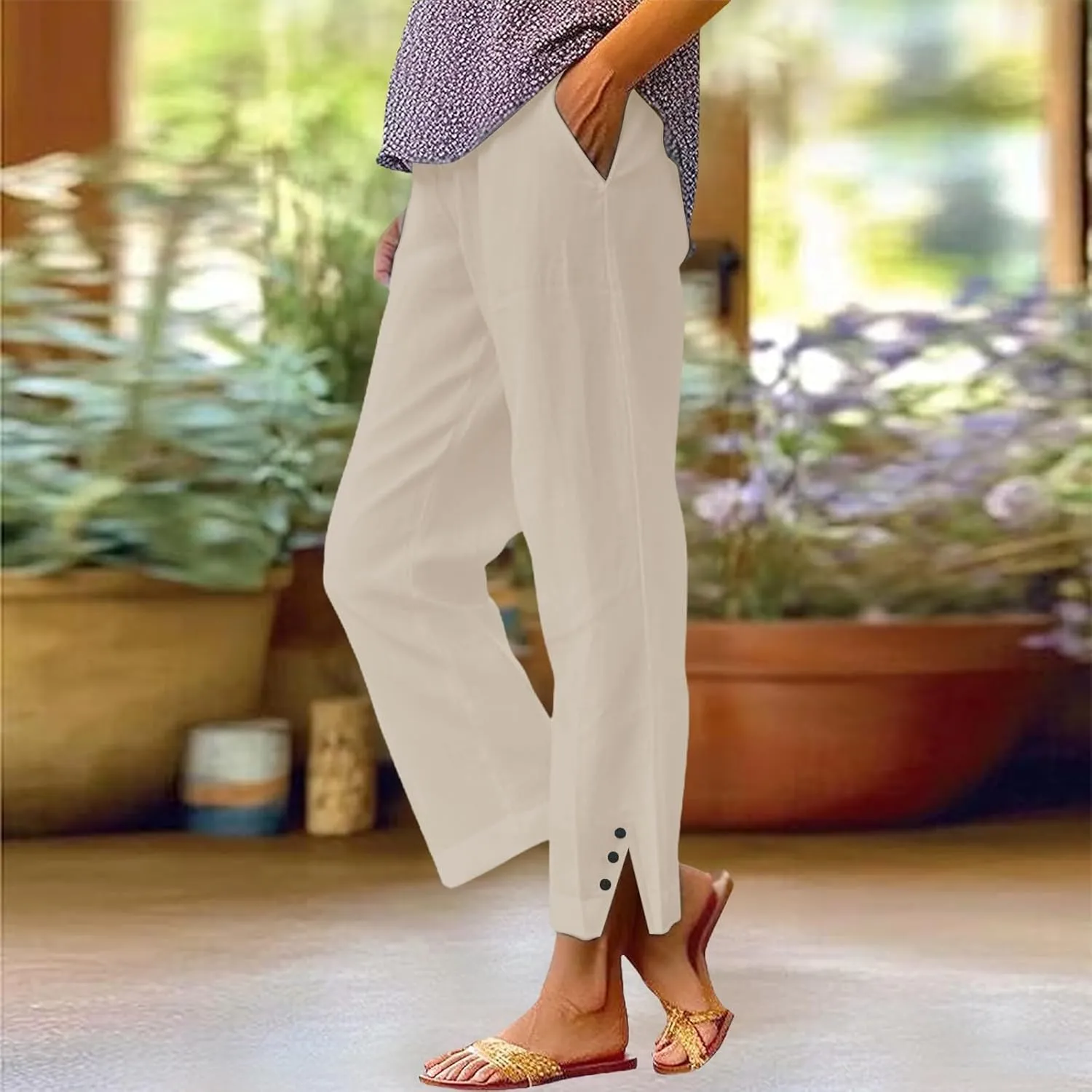 Cotton Linen Pants Women Elastic High Waist Straight Leg Lounge Pants Casual Slacks Summer Trouser with Pockets