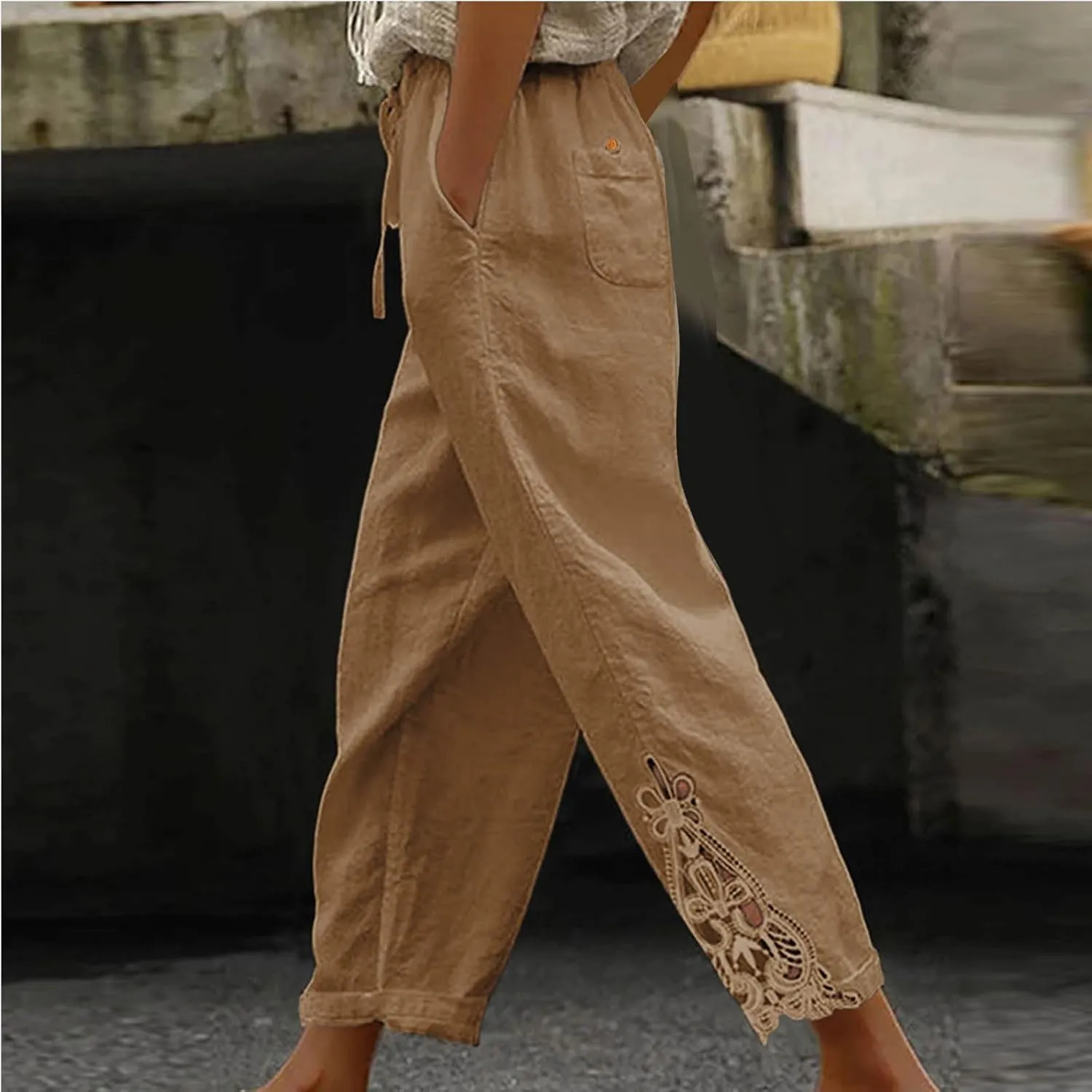 Cotton Linen Pants Women Summer Casual Loose Elastic High Waist Beach Trousers with Pockets Lace Buttom Capri Pants
