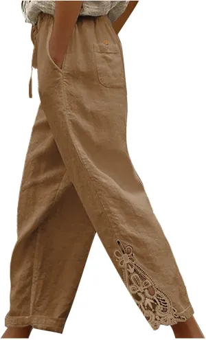 Cotton Linen Pants Women Summer Casual Loose Elastic High Waist Beach Trousers with Pockets Lace Buttom Capri Pants