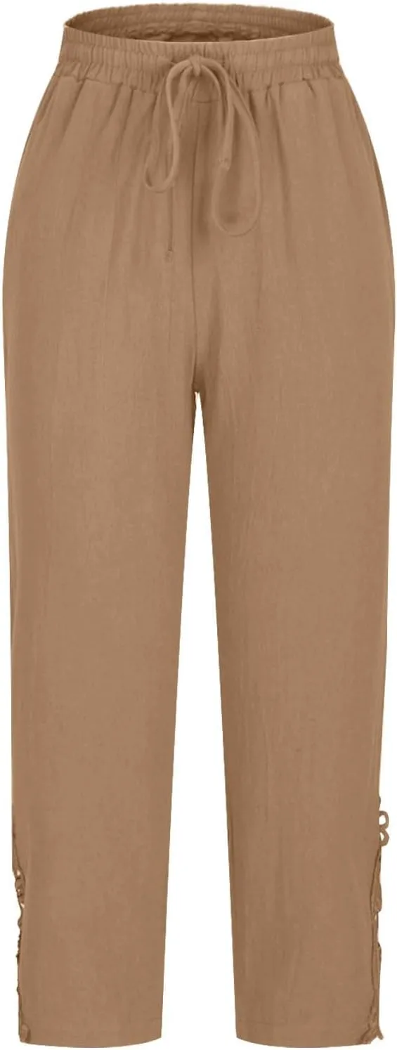 Cotton Linen Pants Women Summer Casual Loose Elastic High Waist Beach Trousers with Pockets Lace Buttom Capri Pants