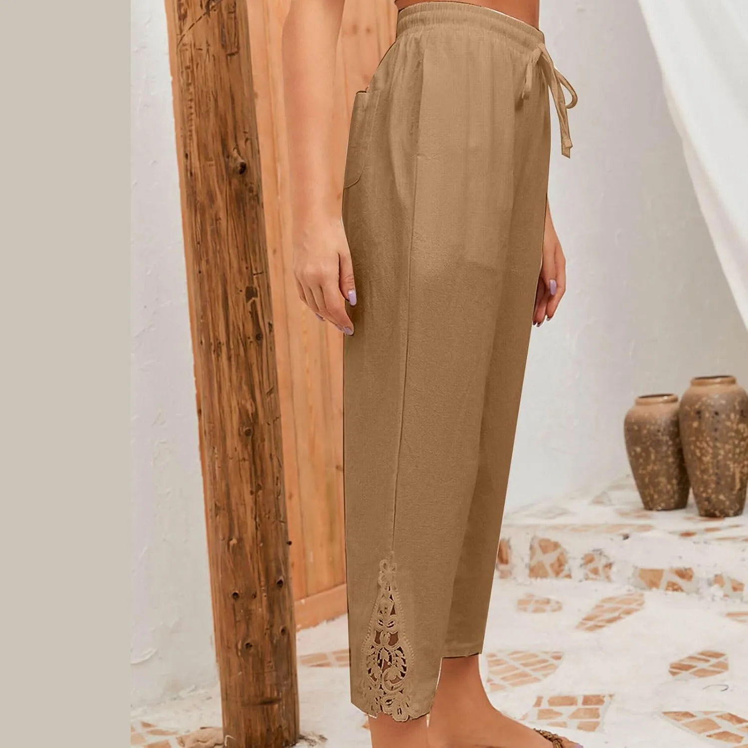 Cotton Linen Pants Women Summer Casual Loose Elastic High Waist Beach Trousers with Pockets Lace Buttom Capri Pants