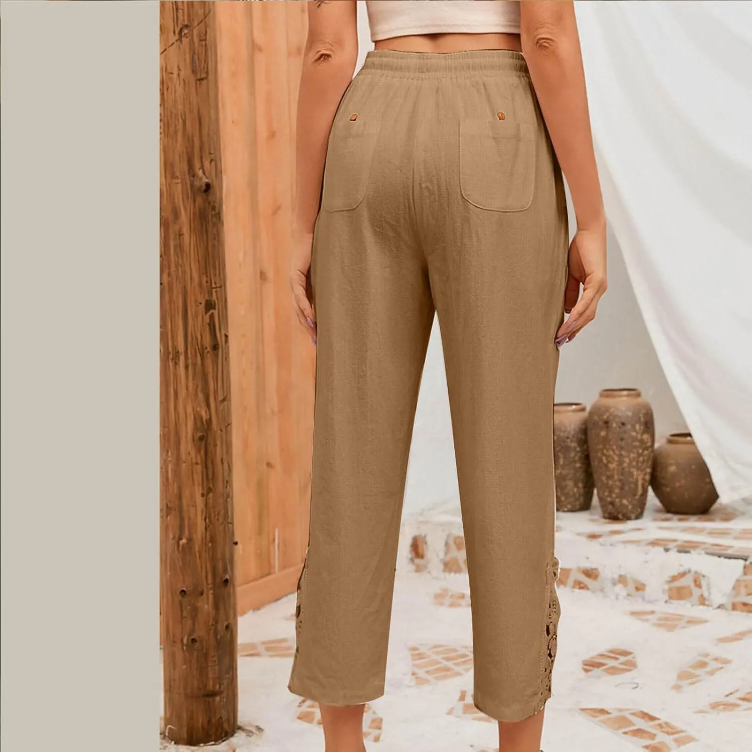 Cotton Linen Pants Women Summer Casual Loose Elastic High Waist Beach Trousers with Pockets Lace Buttom Capri Pants