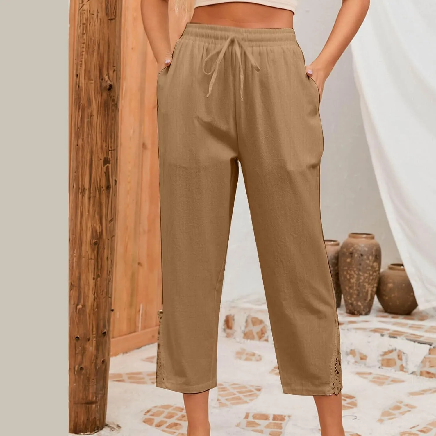 Cotton Linen Pants Women Summer Casual Loose Elastic High Waist Beach Trousers with Pockets Lace Buttom Capri Pants