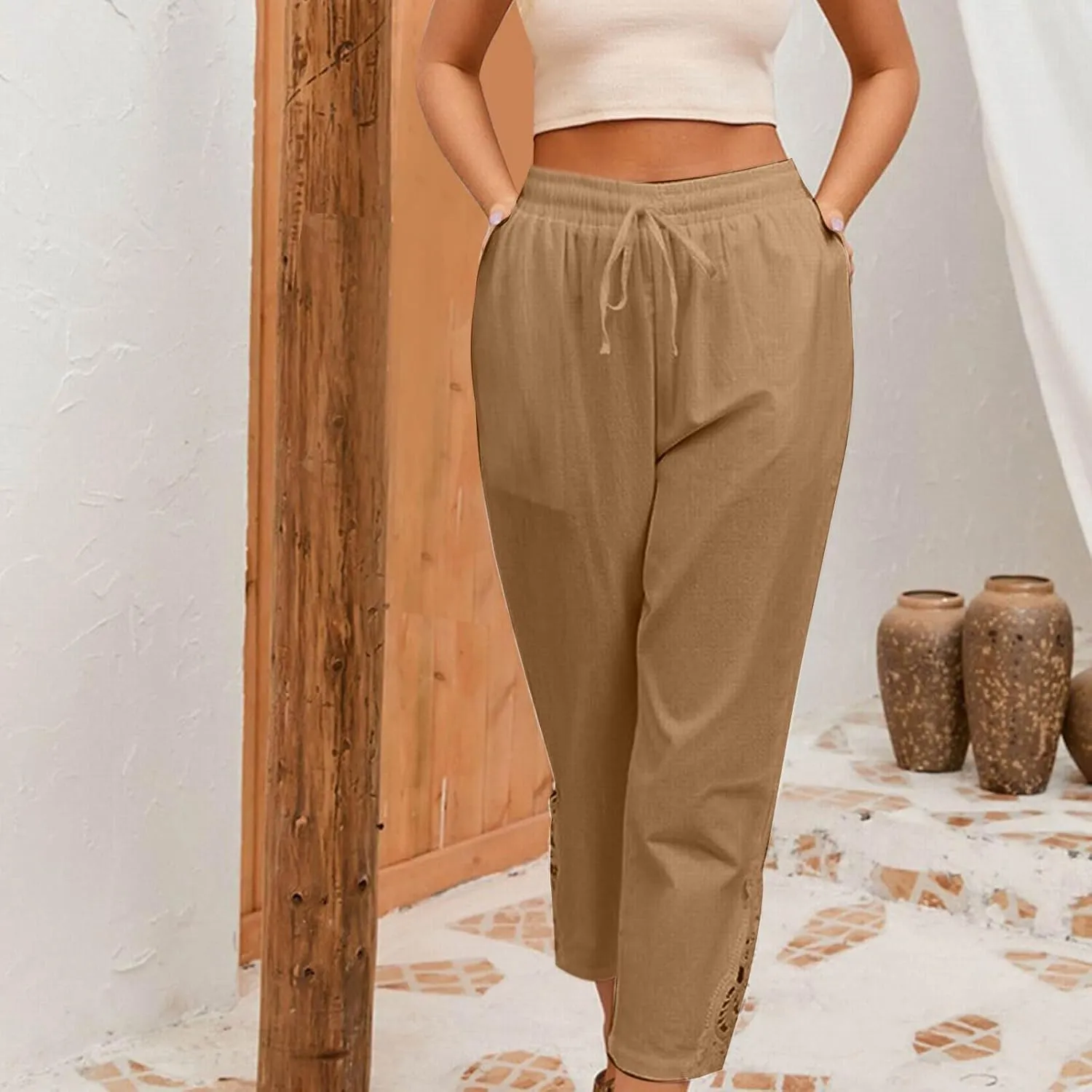 Cotton Linen Pants Women Summer Casual Loose Elastic High Waist Beach Trousers with Pockets Lace Buttom Capri Pants