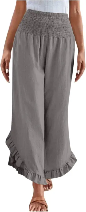 Cotton Linen Wide Leg Pants for Women Casual Summer High Elastic Waist Flowy Pants Ruffle Hem Palazzo Trousers