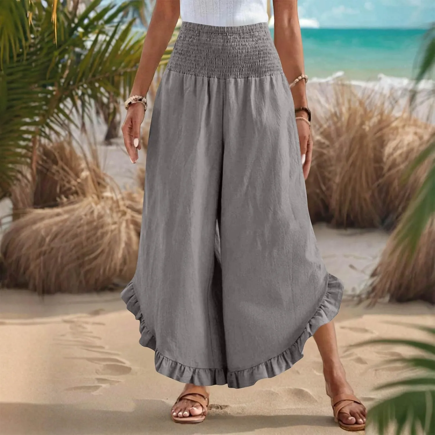 Cotton Linen Wide Leg Pants for Women Casual Summer High Elastic Waist Flowy Pants Ruffle Hem Palazzo Trousers