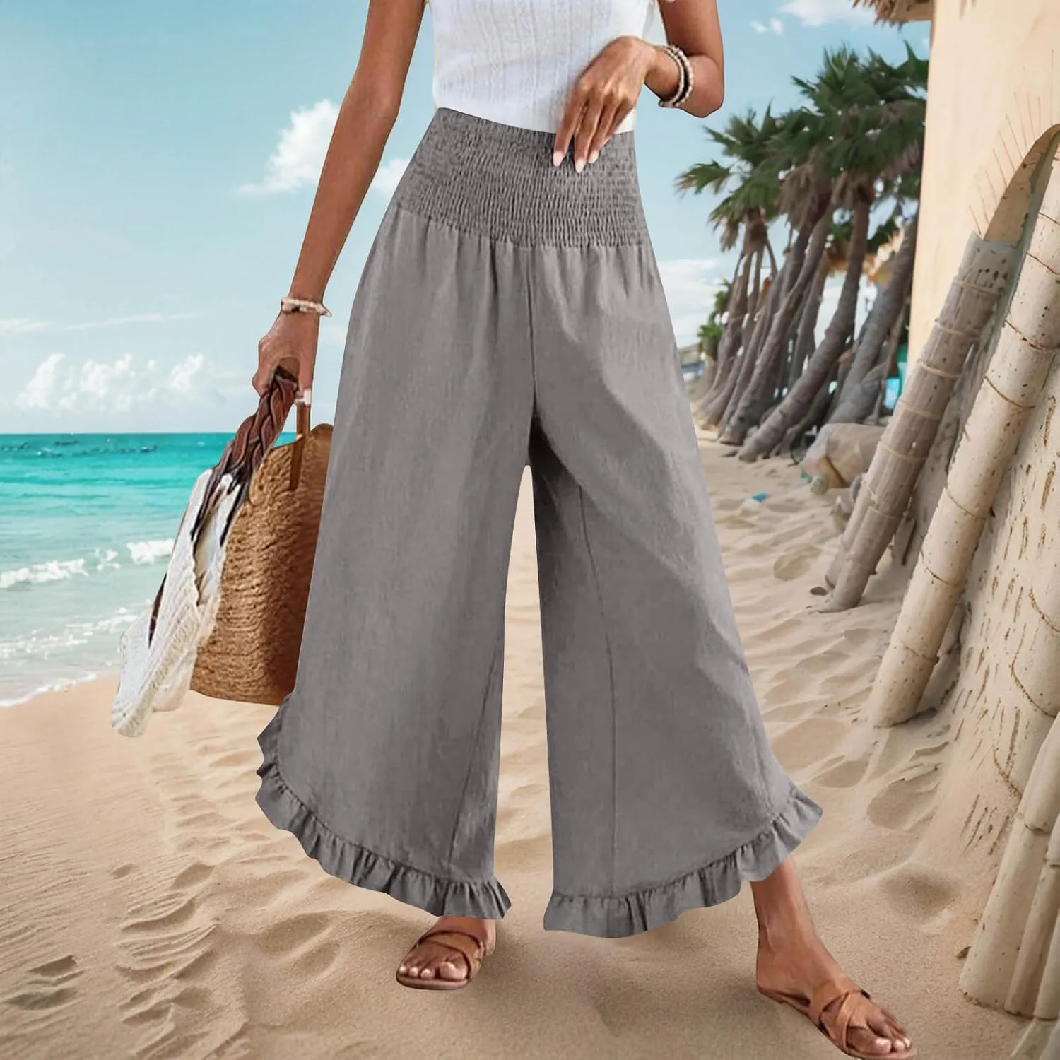 Cotton Linen Wide Leg Pants for Women Casual Summer High Elastic Waist Flowy Pants Ruffle Hem Palazzo Trousers