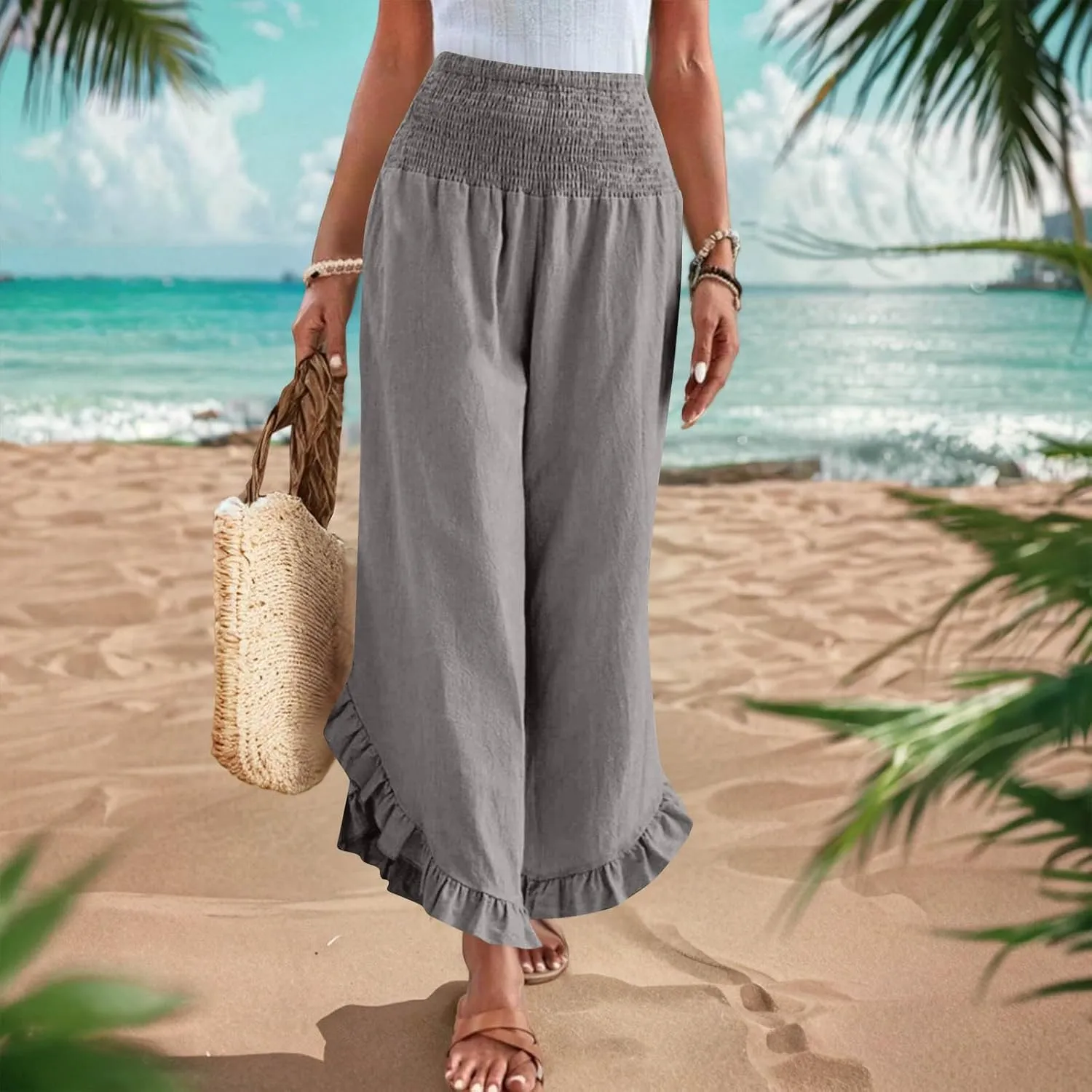 Cotton Linen Wide Leg Pants for Women Casual Summer High Elastic Waist Flowy Pants Ruffle Hem Palazzo Trousers