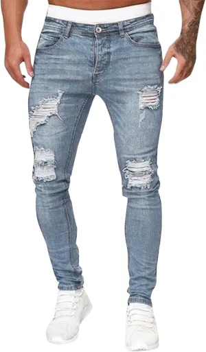 CRNTCEM Mens Ripped Skinny Distressed Jeans Tapered Leg Moto Biker Long Denim Pants Slim Fit Stretch Work Commute Jean Pants
