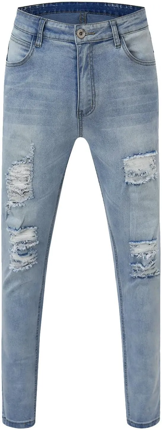 CRNTCEM Mens Ripped Skinny Distressed Jeans Tapered Leg Moto Biker Long Denim Pants Slim Fit Stretch Work Commute Jean Pants