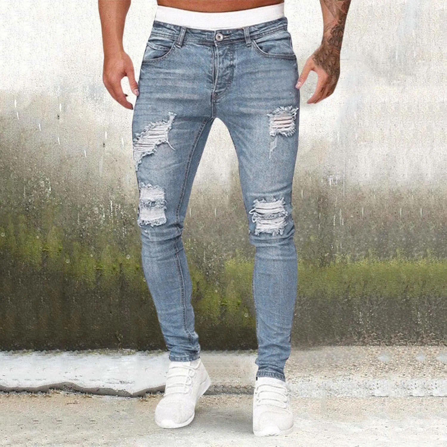 CRNTCEM Mens Ripped Skinny Distressed Jeans Tapered Leg Moto Biker Long Denim Pants Slim Fit Stretch Work Commute Jean Pants