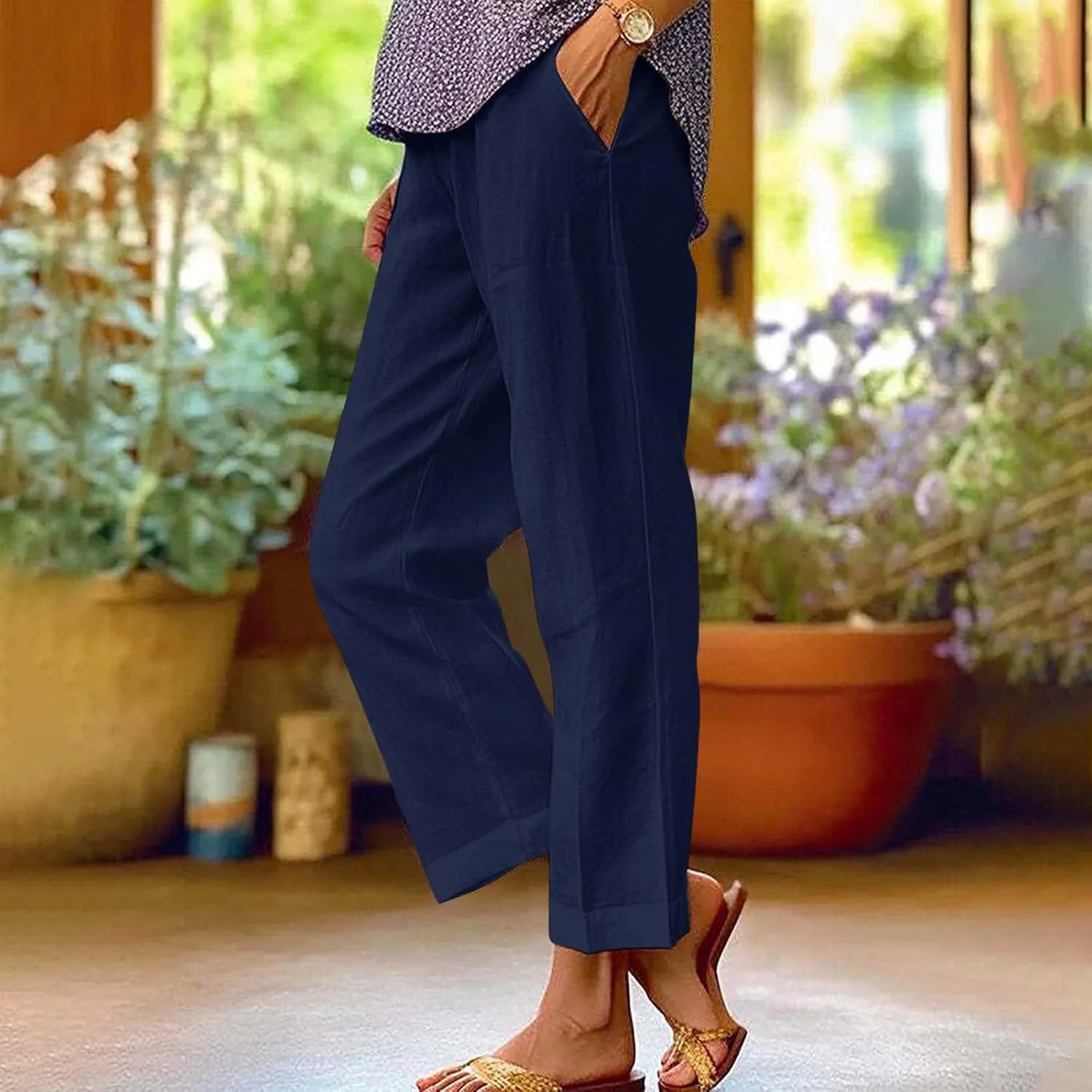 Cropped Linen Pant Women Summer Dressy Elastic Waist Straight Leg Plus Size Crop Pant Casual Beach Trouser with Pocket