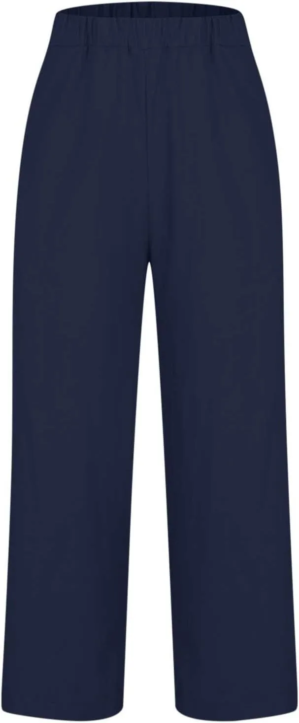 Cropped Linen Pant Women Summer Dressy Elastic Waist Straight Leg Plus Size Crop Pant Casual Beach Trouser with Pocket