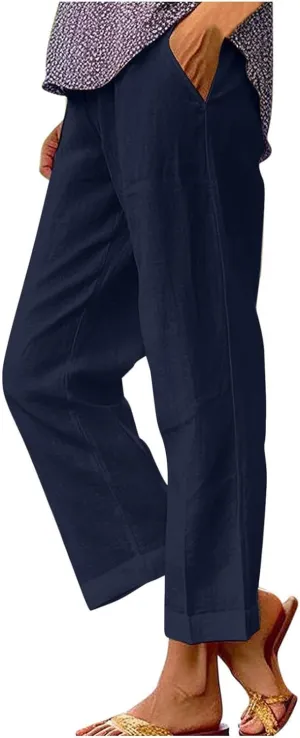 Cropped Linen Pant Women Summer Dressy Elastic Waist Straight Leg Plus Size Crop Pant Casual Beach Trouser with Pocket