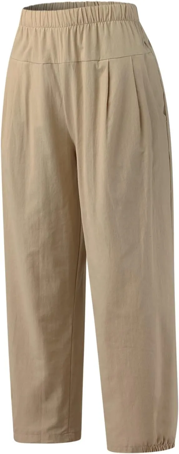 Cropped Linen Pants for Women Casual Loose Fit Elastic Waist Wide Led Summer Pants Straight Leg Lounge Trousers