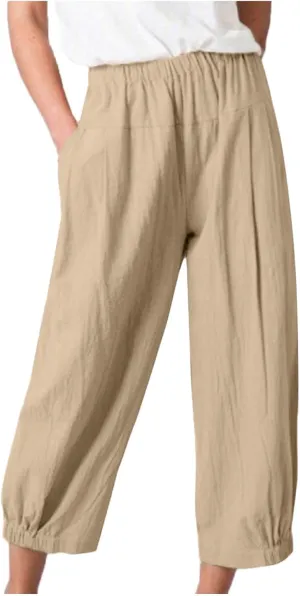 Cropped Linen Pants for Women Casual Loose Fit Elastic Waist Wide Led Summer Pants Straight Leg Lounge Trousers