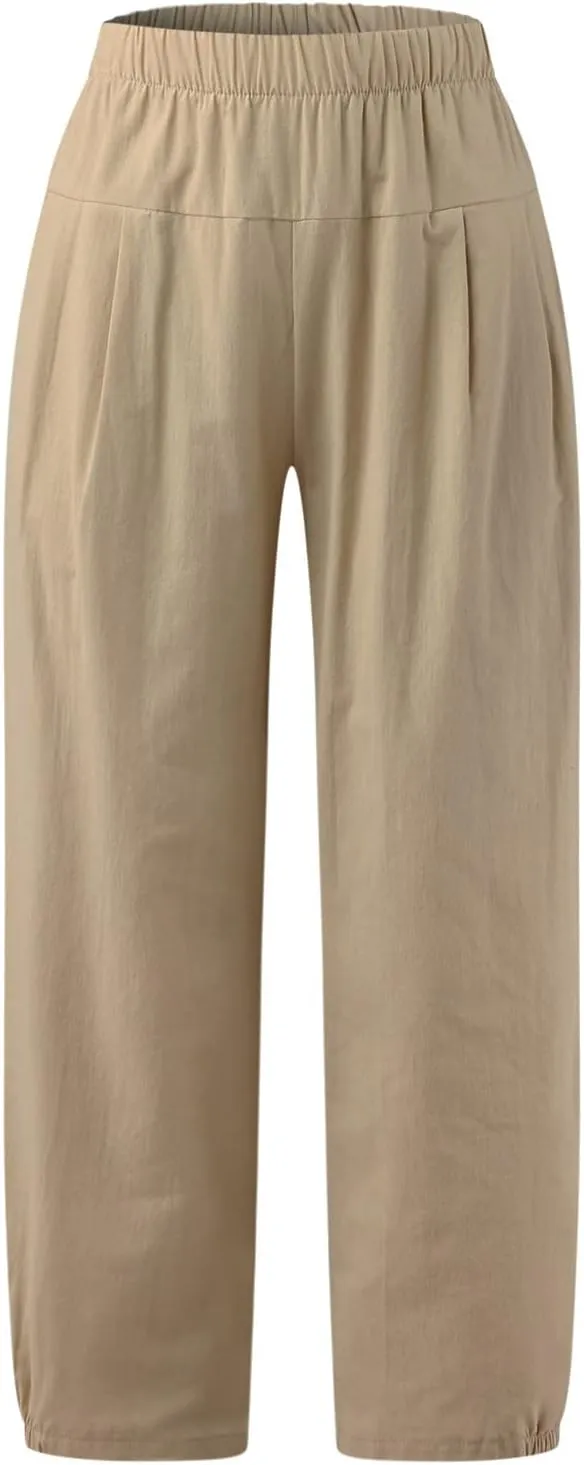 Cropped Linen Pants for Women Casual Loose Fit Elastic Waist Wide Led Summer Pants Straight Leg Lounge Trousers