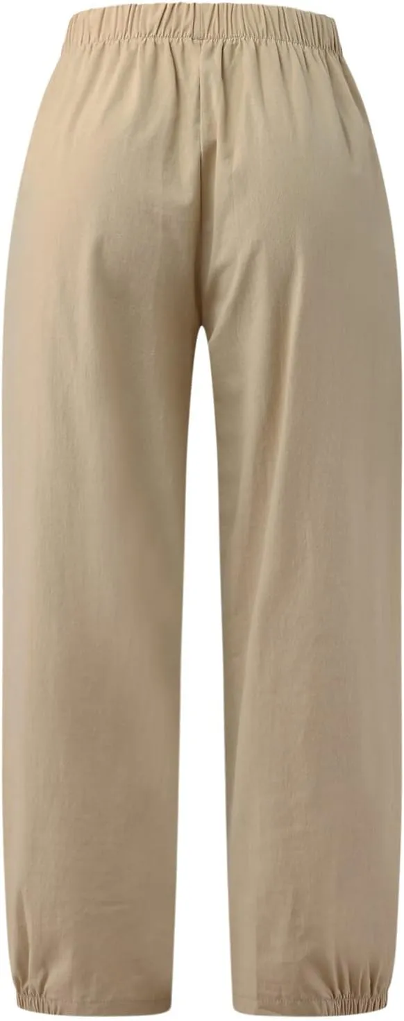 Cropped Linen Pants for Women Casual Loose Fit Elastic Waist Wide Led Summer Pants Straight Leg Lounge Trousers