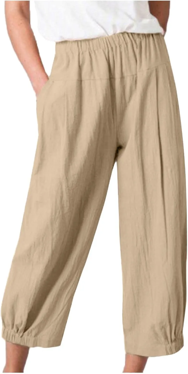 Cropped Linen Pants for Women Casual Loose Fit Elastic Waist Wide Led Summer Pants Straight Leg Lounge Trousers