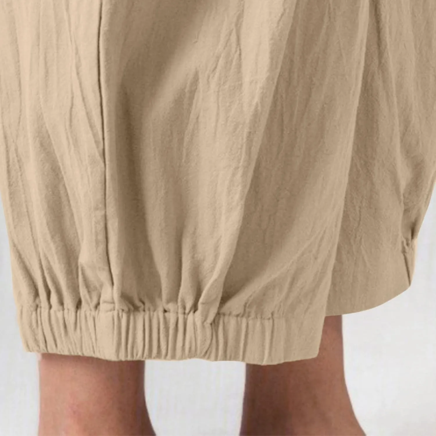 Cropped Linen Pants for Women Casual Loose Fit Elastic Waist Wide Led Summer Pants Straight Leg Lounge Trousers