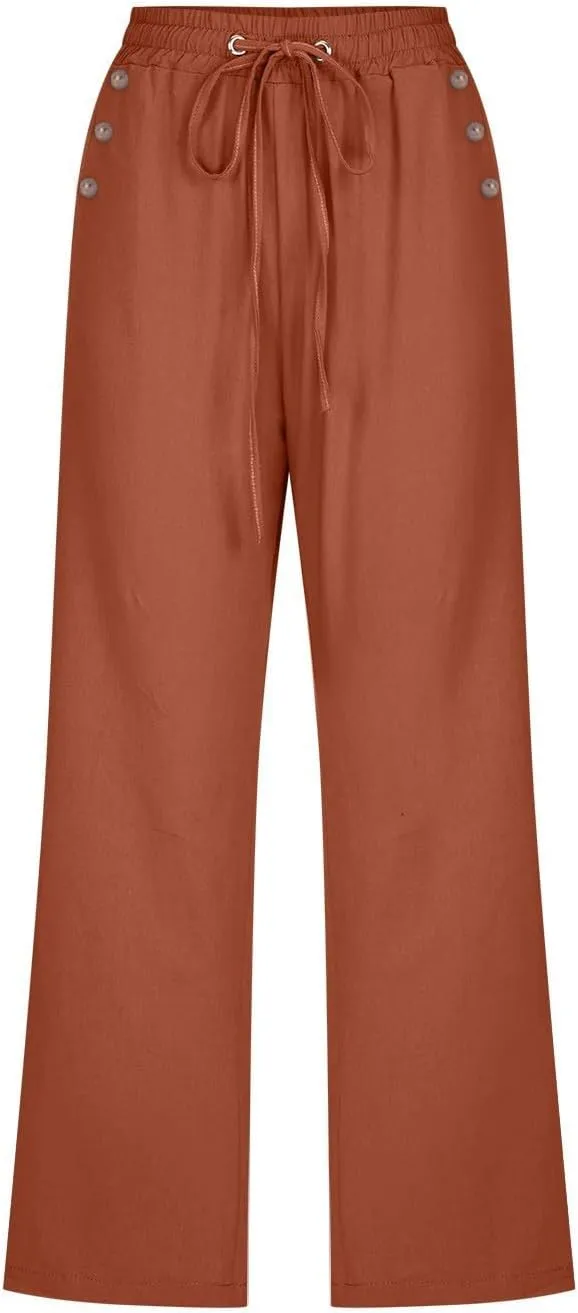Cropped Trousers Women Drawstring Elasticated Waist Straight Leg Capri Pant Lounge Cotton Linen Shorts with Pockets