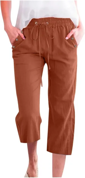 Cropped Trousers Women Drawstring Elasticated Waist Straight Leg Capri Pant Lounge Cotton Linen Shorts with Pockets