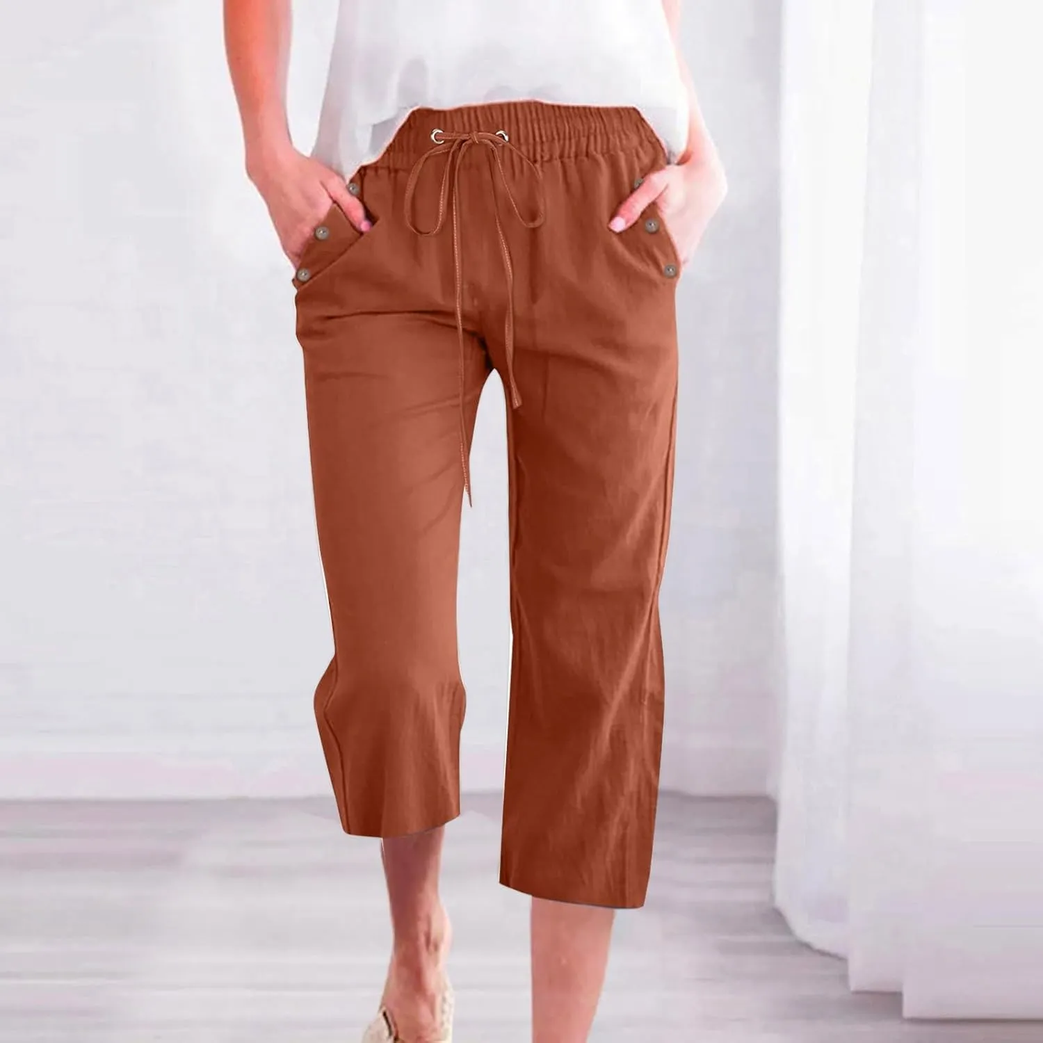 Cropped Trousers Women Drawstring Elasticated Waist Straight Leg Capri Pant Lounge Cotton Linen Shorts with Pockets