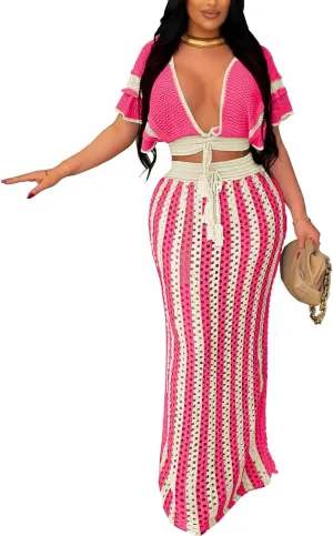 cu4eve Crochet Dresses for Women Two Piece Sexy Beach Vacation Knit V Neck Crop Top and Long Maxi Skirt Sets Coverups