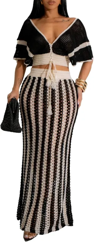 cu4eve Crochet Dresses for Women Two Piece Sexy Beach Vacation Knit V Neck Crop Top and Long Maxi Skirt Sets Coverups