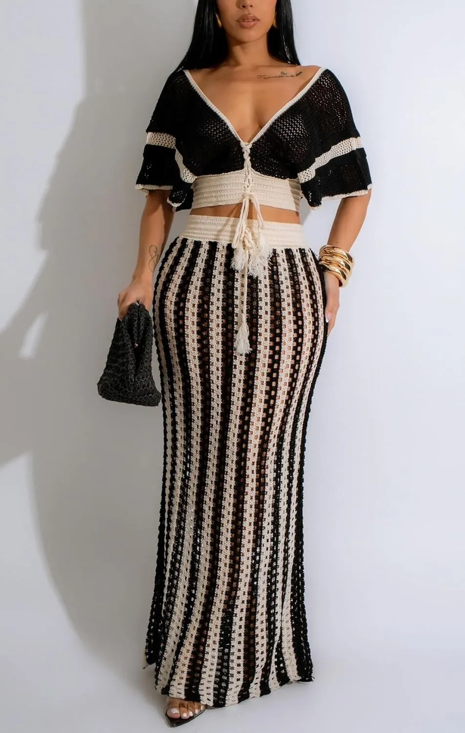 cu4eve Crochet Dresses for Women Two Piece Sexy Beach Vacation Knit V Neck Crop Top and Long Maxi Skirt Sets Coverups