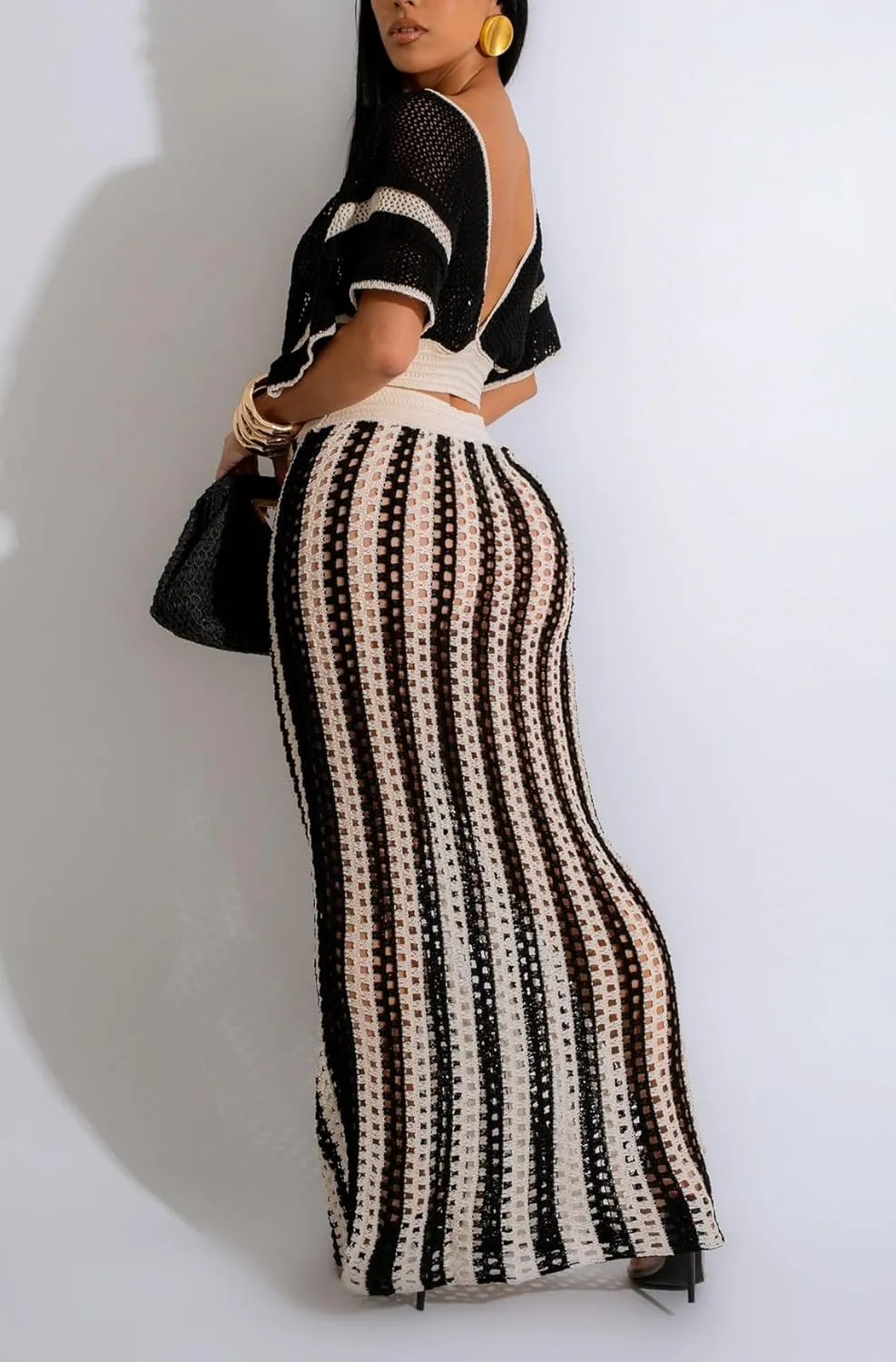 cu4eve Crochet Dresses for Women Two Piece Sexy Beach Vacation Knit V Neck Crop Top and Long Maxi Skirt Sets Coverups