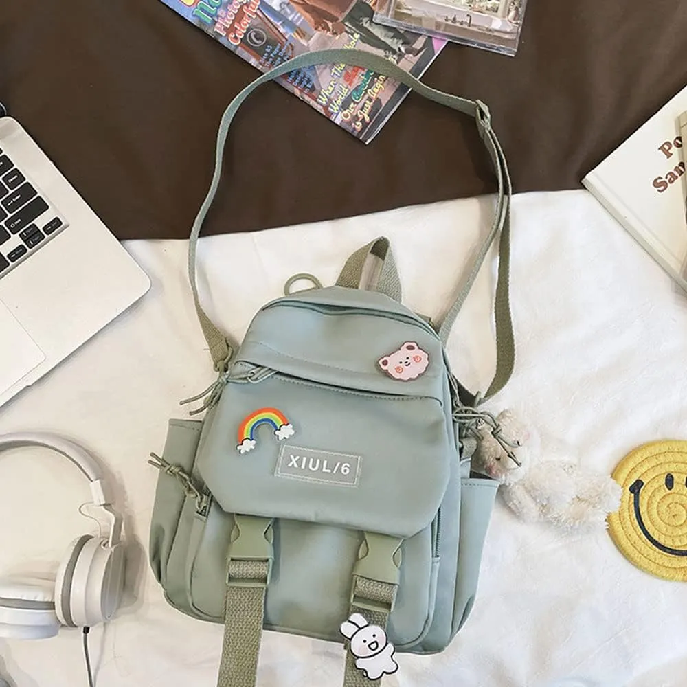 Cute Mini Backpack with Kawaii Cow Pendant, Green, for School