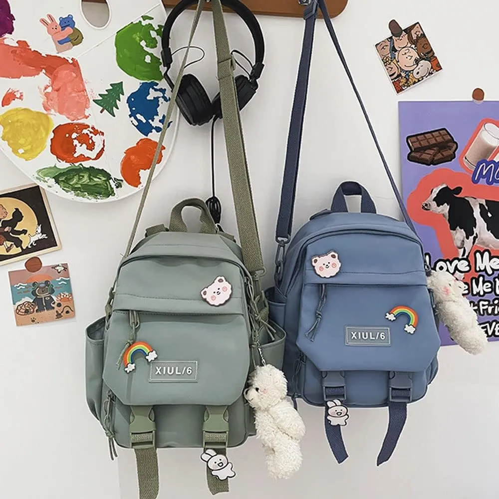 Cute Mini Backpack with Kawaii Cow Pendant, Green, for School