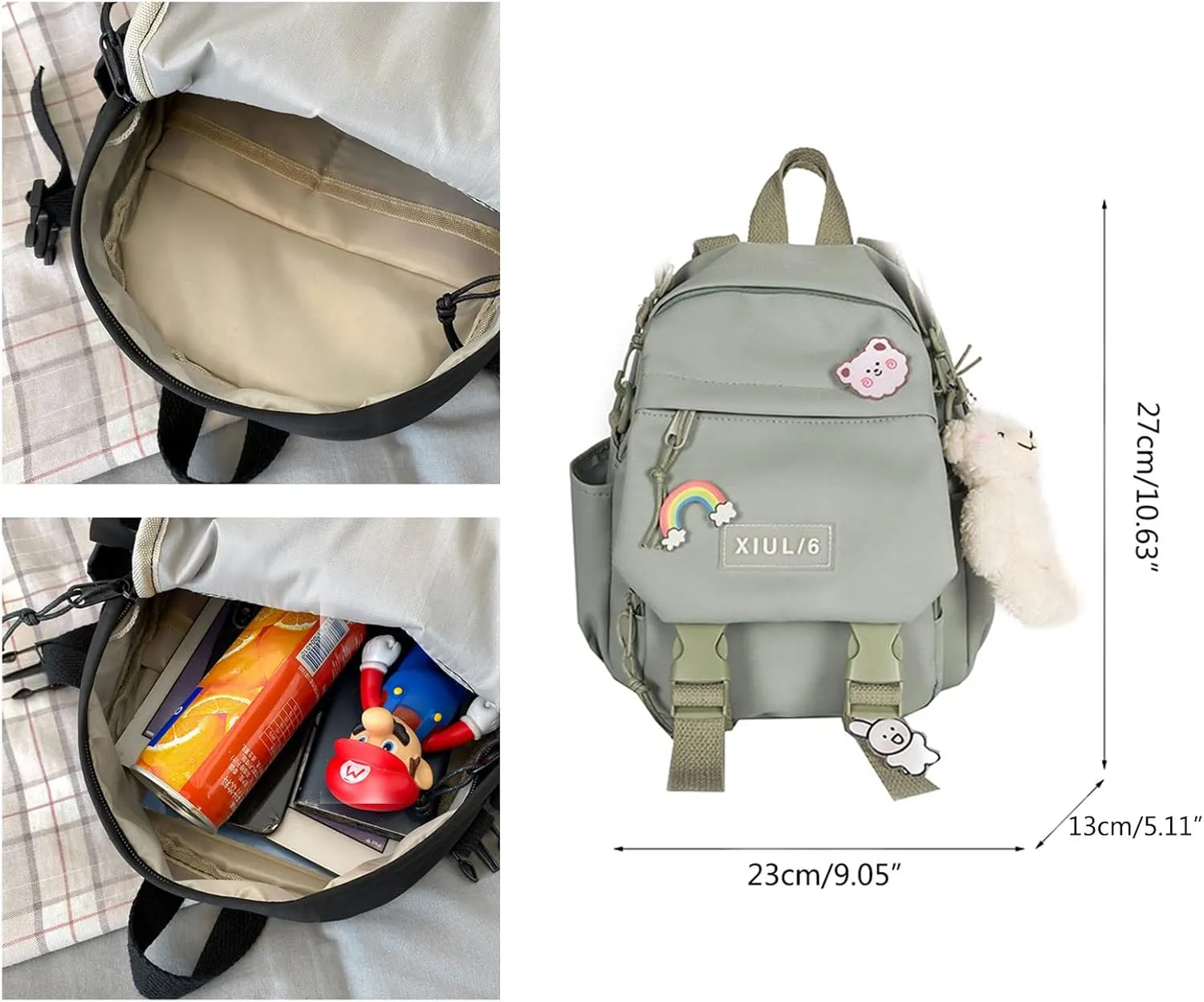 Cute Mini Backpack with Kawaii Cow Pendant, Green, for School