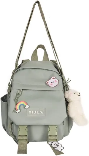Cute Mini Backpack with Kawaii Cow Pendant, Green, for School