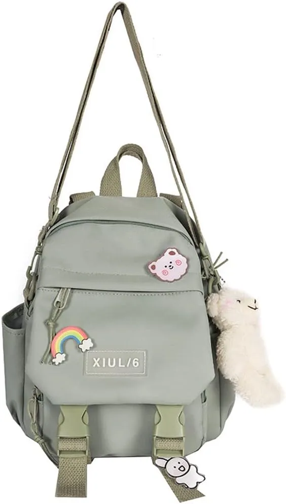 Cute Mini Backpack with Kawaii Cow Pendant, Green, for School