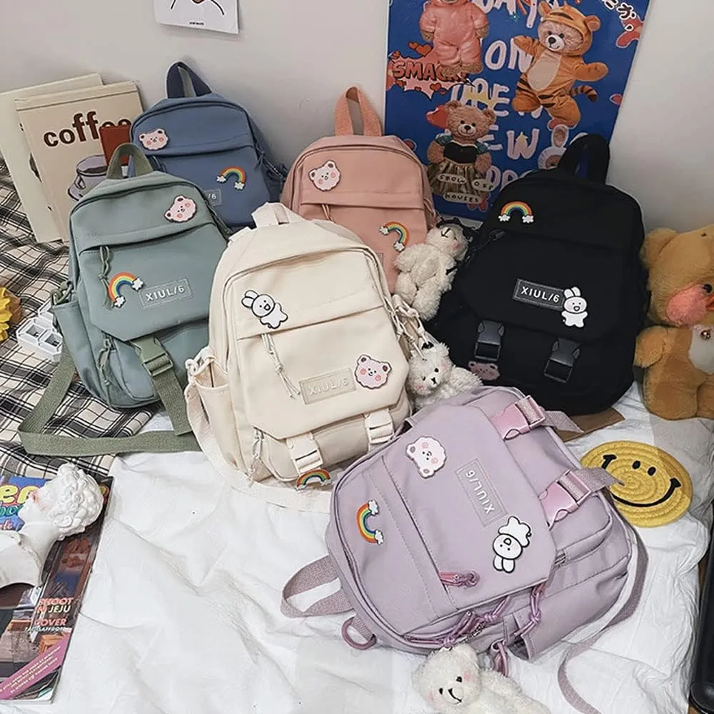 Cute Mini Backpack with Kawaii Cow Pendant, Green, for School