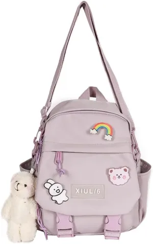 Cute Mini Backpack with Kawaii Cow Pendant, Purple, for School